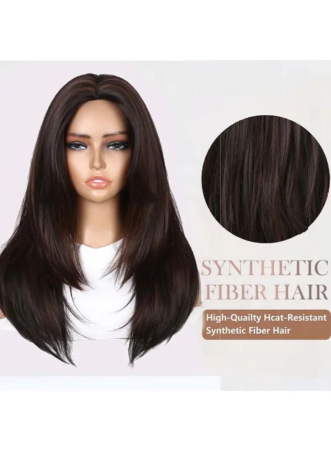 22 Inch Long Straight Layered Synthetic Wig With Bangs Glueless For Women - Image 3